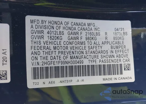 2022 Honda Civic Touring z USA, uszkodzony, nr VIN 2HGFE1F99NH300499